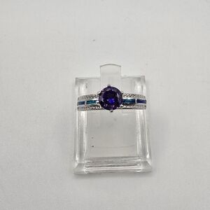 Sterling Silver Lab Opal Round Tanzanite CZ Ring